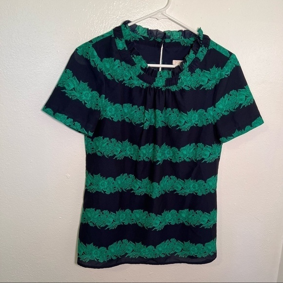 J. Crew Factory Beanstalk Ruffle Collar Blouse Navy Green - Picture 2 of 10
